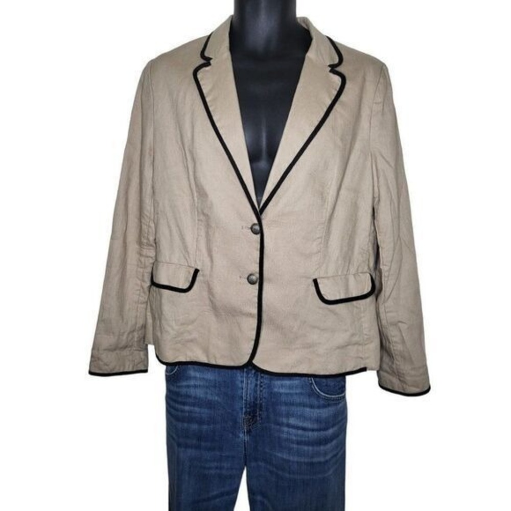 Mango MNG Womens Size 14 Beige Black Contrast Piped Linen Blazer Jacket